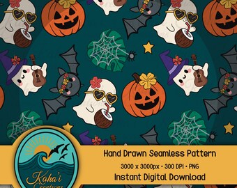 Tropical Halloween Seamless Pattern - Cute Cartoon Ghosts Bats Pumpkins - Island Fall Digital Paper PNG - Spooky Aloha Print for Fabric