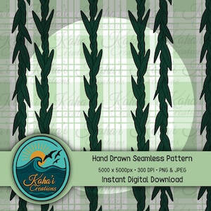 May include: A digital seamless pattern featuring dark green braided vines with pointed leaves against a light green plaid background. The design includes a circular logo with a sun, waves, and birds, and text that reads "Hand Drawn Seamless Pattern".