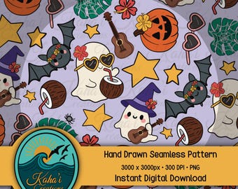 Halloween Tropical Seamless Pattern - Cute Cartoon Ghosts Bats Pumpkins Stars - Island Digital Paper PNG - Spooky Aloha Print for Fabric