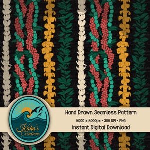 Hawaiian Lei Seamless Pattern - Vertical Curve Lei PNG - Tropics Flower Pattern - Tropical Shirting Fabric -Pikake Puakenikeni Maile Ti Leaf