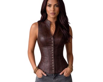 Distressed Brown Leather Overbust Corset, Handmade Steampunk Waistcoat Top, Women's Leather Motorcycle Vest