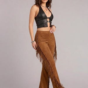 Women's Tan Brown Suede Fringe Flare Pants | Handmade Western Boho High-Waisted Bell Bottoms, Cowgirl Chic Tassel Side Trousers