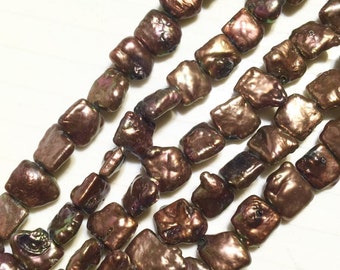 Square Pearl, Freshwater pearl, Coin Pearl, 9.5mm, chocolate brown, 15'' full strand, Genuine cultured Unique Stunning Quality  #CB6203