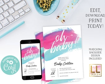 DIY Editable Oh Baby Modern Gender Reveal Invitation