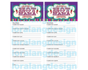 May include: Two purple and white cards with a red and yellow chili pepper graphic and the text "My wishes & hopes for one Hot Mama & her little chili pepper". Each card has a list of hopes for a baby, such as "I hope you learn", "I hope you aren't afraid", "I hope you love", "I hope you get", "I hope you laugh", "I hope you never forget", "I hope you ignore", "I hope you become", "I hope you respect", "I hope you grow", and "Love".