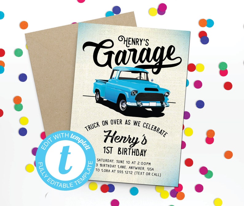 May include: A blue and white birthday invitation with a vintage truck illustration. The invitation says "Henry's Garage" and "Truck on over as we celebrate Henry's 1st Birthday". The invitation also includes the date, time, and location of the party.
