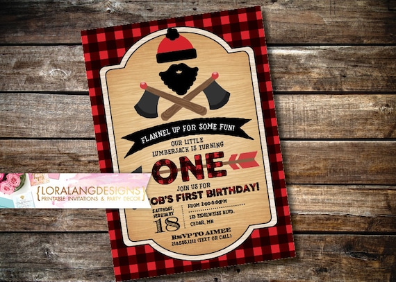 DIY Printable Lumberjack Birthday Invitation, plaid invitation, boy lumberjack Invite, woodland Invitation, first birthday Invitation, beard Il_570xn