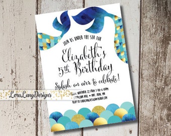 Watercolor Mermaid Invitation, Watercolor, Gold Glitter Invitation, Mermaid Birthday Invitation, Under the Sea Invite, Ocean Themed Invite