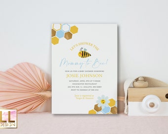 May include: A baby shower invitation with a bee illustration and honeycomb pattern. The invitation reads "Let's shower the Mommy to Bee!" and includes details for the event, including the date, time, location, and RSVP information.