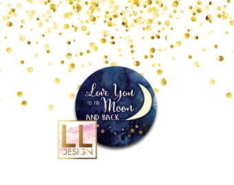 May include: A blue and white watercolor circle with a crescent moon and stars. The text "Love you to the moon and back..." is written in white script.