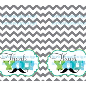 May include: Two printable thank you tags with a grey and white chevron pattern background. Each tag features a green and blue frame with the text "Thank You!" and a black moustache.