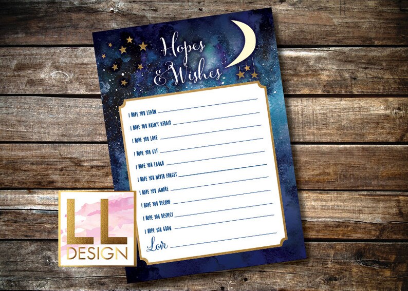 Digital Printable Love you to the Moon and Back Baby Shower Hopes & Wishes Card INSTANT DOWNLOAD image 1