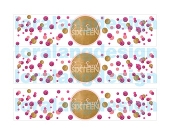 DIY Printable Modern Gold and Pink Sweet Sixteen Water Bottle Labels Instant Download