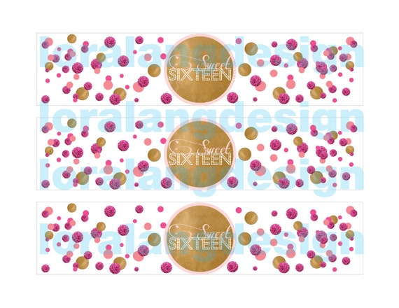 DIY Printable Modern Gold and Pink Sweet Sixteen Water Bottle Labels Instant Download Il_570xn