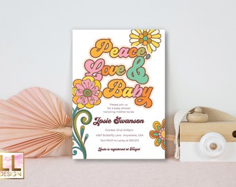 Peace, Love and Baby Shower Invitation Template, Editable Template, Peace Love & Baby Shower or Sprinkle, Hippie or 70s theme