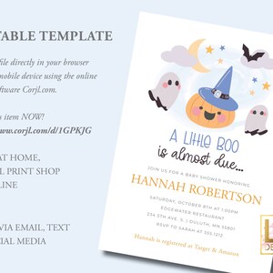 Peut inclure: Une invitation &agrave; une f&ecirc;te pr&eacute;natale sur le th&egrave;me d'Halloween avec une citrouille portant un chapeau de sorci&egrave;re et des fant&ocirc;mes. Le texte indique "A Little Boo is almost due..." et comprend le nom "Hannah Robertson" ainsi que les d&eacute;tails de l'&eacute;v&eacute;nement.