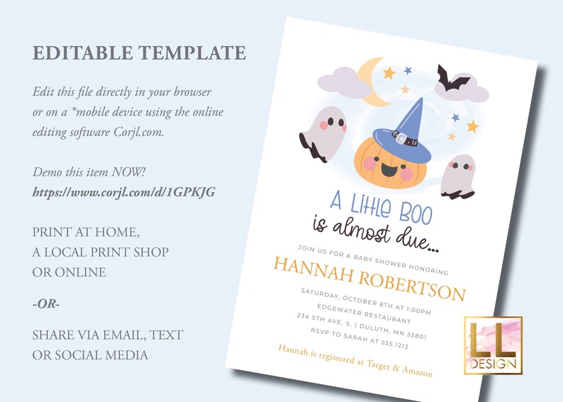 Peut inclure: Une invitation &agrave; une f&ecirc;te pr&eacute;natale sur le th&egrave;me d'Halloween avec une citrouille portant un chapeau de sorci&egrave;re et des fant&ocirc;mes. Le texte indique "A Little Boo is almost due..." et comprend le nom "Hannah Robertson" ainsi que les d&eacute;tails de l'&eacute;v&eacute;nement.
