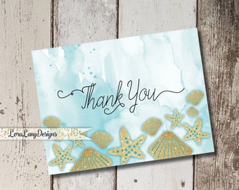 Digital Printable Ocean, Beach Themed Thank You Cards INSTANT DOWNLOAD