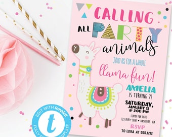 Llama Party Animal Editable Birthday Party Invitation Instant Download Templett 1024657