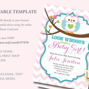 May include: A pink and white chevron patterned baby shower invitation with a cartoon owl holding a green heart. The text reads "Look Whooo's Having a Baby Girl!" and includes the name "Julie Jonston" and details for the shower.