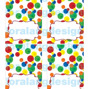 May include: Four printable favor tags with a white background and a red, yellow, blue, and green polka dot pattern. Each tag has a white frame with a red border and the text "coral and design" in red.