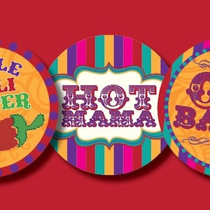 May include: Three round, colorful paper plates with text. The first plate is orange with a red chili pepper and the text "Little Chili Pepper". The second plate is striped with purple, pink, teal, and orange stripes and the text "Hot Mama". The third plate is orange with a teal and purple border and the text "Oh Baby!"