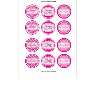 May include: Twelve pink and white printable circle stickers with various designs. The stickers feature the text "Pretty in Pink", "It's a Girl!" and "Sweet Baby Girl".