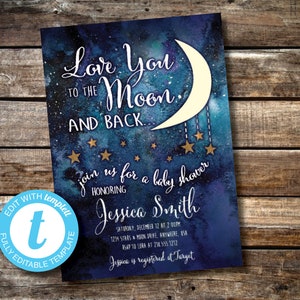 Peut inclure: Une invitation de fête prénatale bleue et dorée avec un croissant de lune et des étoiles. Le texte indique "Love You To The Moon And Back. Join Us For A Baby Shower Honoring Jessica Smith. Saturday, December 12 at 2:00pm. 1234 Stars & Moon Drive, Anywhere, USA. RSVP to Lora at 214-555-1212. Jessica is registered at Target."
