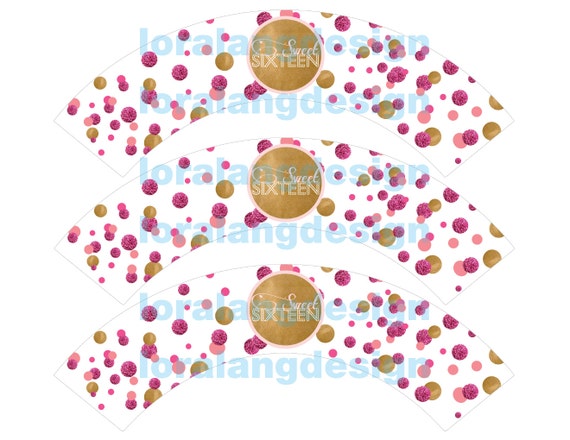 DIY Printable Modern Gold and Pink Sweet Sixteen Cupcake Wrappers Instant Download Il_570xn