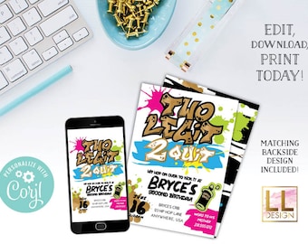 DIY Editable Two Legit 2 Quit NEON Birthday Invitation