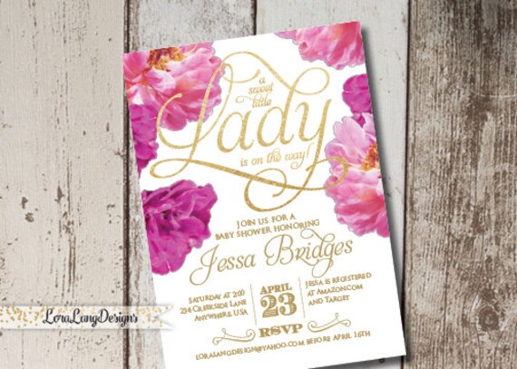 DIY Printable Little Lady Baby Shower Invitation, It's a Girl Invitation, Peonies Invitation, Pink Invitation, Pink and Gold Invitation Il_570xn