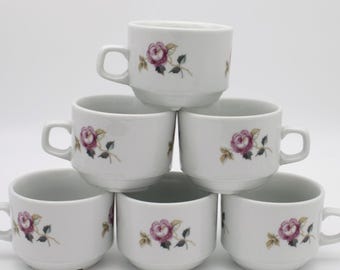 Vintage Set von 6 Tassen für Kaffee, hergestellt in Deutschland, Colditz DDR , Keramik oder dickeres Porzellan, weiße Tassen mit Rosen verziert, 1970er-1990er Jahre