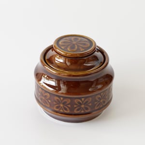 May include: A brown ceramic jar with a lid. The jar has a round shape with a floral pattern around the base and on the lid. The jar is glossy and reflects light.
