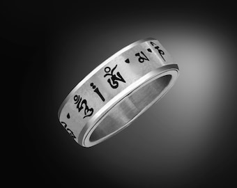 Buddhistischer Mantra/Gebets Ring - Om Mani Padme Hum - Edelstahl Spinner Ring