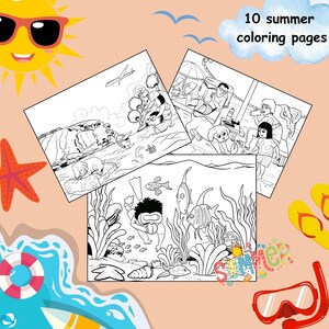 以下が含まれることがあります： 夏のテーマの塗り絵10枚セット。夏のアクティビティの様々な白黒イラストが描かれています。ビーチでの人々、水中シーン、その他の夏のテーマの絵が含まれています。「10 summer coloring pages」の文字が見えます。