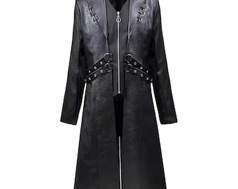 Gothic Black Leather Trench Coat: Handmade Buckle Strap Jacket