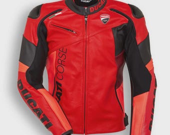 Chaqueta de moto de cuero rojo Ducati Corse / Equipación de motociclista de competición de cuero vacuno