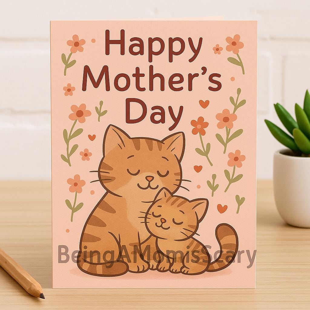 Cute Cat Mothers Day Card Printable - Mom and Kitten Illustration ...
