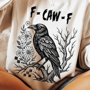 Crow Raven PNG F-CAW-F Funny Halloween png Dark Bird Sublimation Design Gothic Floral Checkered PNG Spooky Grunge Digital Download