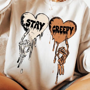Stay Creepy PNG Retro Dripping Heart Halloween Clipart Skeleton Hand Spooky Graphic Grunge Horror Sublimation Design Trendy Png