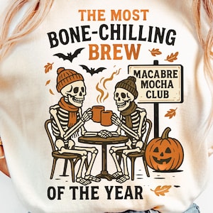 Spooky Coffee Club PNG Skeletons Drinking Coffee Retro Halloween Sublimation Funny Fall Vibes Vintage Pumpkin Design