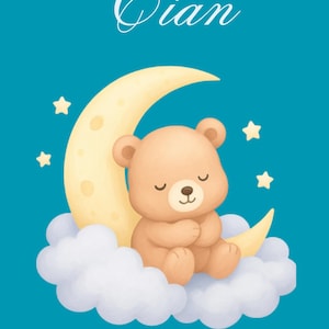 Impresión personalizada con nombre de bebé: arte de pared para habitación infantil con diseño de oso en la luna, regalo personalizado para niño o niña, en azul, rosa y más colores.