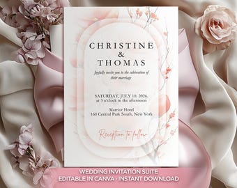 Blush Pink Wedding Invitation Suite, Romantic Floral Canva Template (Digital Download)