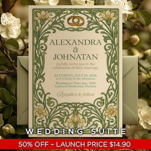 ¡Oferta limitada: 50% de descuento! Plantilla de invitación de boda de estilo Art Nouveau, elegante y romántica. Editable en Canva. Descarga instantánea.