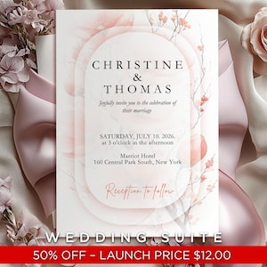 ¡Oferta limitada: 50% de descuento! La plantilla de invitación de boda "Pétalos de amor" es elegante y romántica. Editable en Canva. Descarga instantánea.