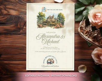 Fairytale Wedding Invitation Template, Castle Wedding Invite, Romantic Storybook Design, Editable Canva, Instant Download