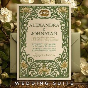 Le modèle de faire-part de mariage « Murmures d'un automne vintage » est de style Art nouveau, élégant et romantique. Toile modifiable. Téléchargement instantané.
