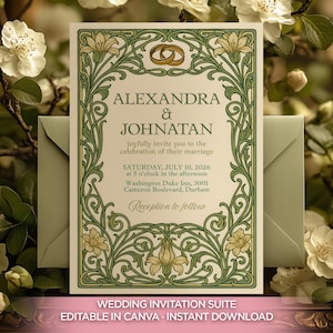 Plantilla de invitación de boda Art Nouveau, diseño floral vintage, invitación editable en Canva, descarga digital imprimible.
