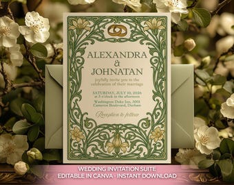 Art Nouveau Wedding Invitation Template, Vintage Floral Design, Editable Canva Invite, Printable Digital Download