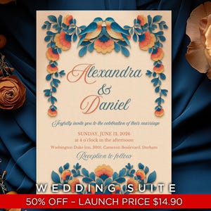 ¡Oferta limitada -50% de descuento! Conjunto de invitaciones de boda florales románticas, editables en Canva, estilo otoño con recortes de papel. Incluye tarjeta de agradecimiento adicional.
